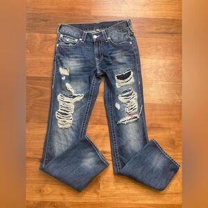 True Religion Distressed Blue Straight Leg Jeans